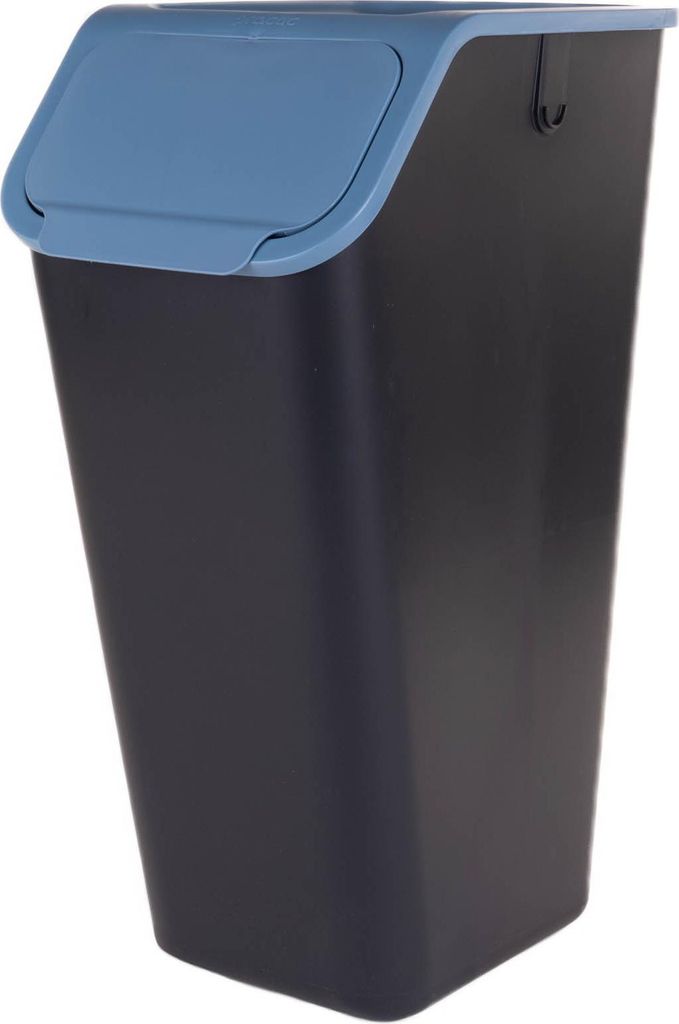 A product shot of a trash can with a lid.