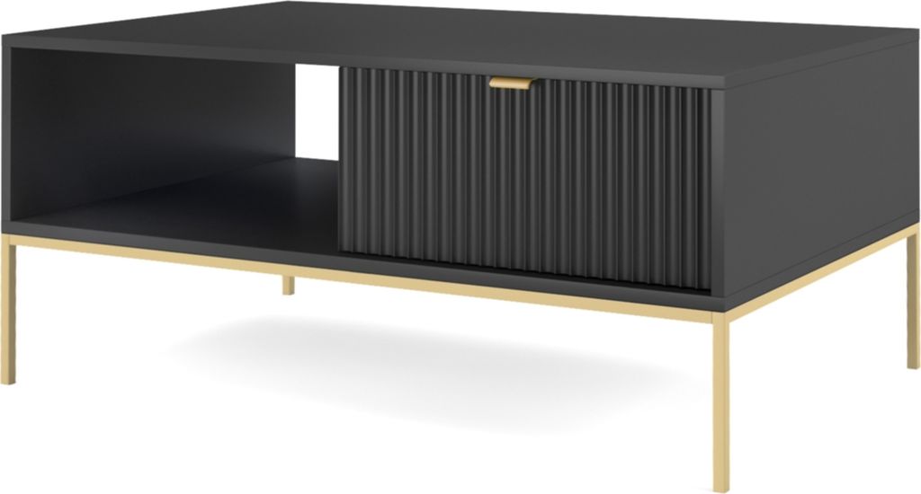 Moderne Couchtisch Kaffetisch NOVA L104 mit Schubladen Dekorative gerillte Front Sideboard Schwarz mit Goldene Rahmen