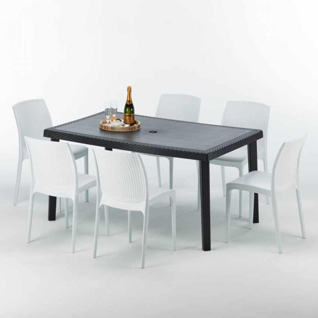 Poly Rattan Tisch Rechteckig mit 6 Bunten Polyrattan Stühlen 150x90 Schwarz