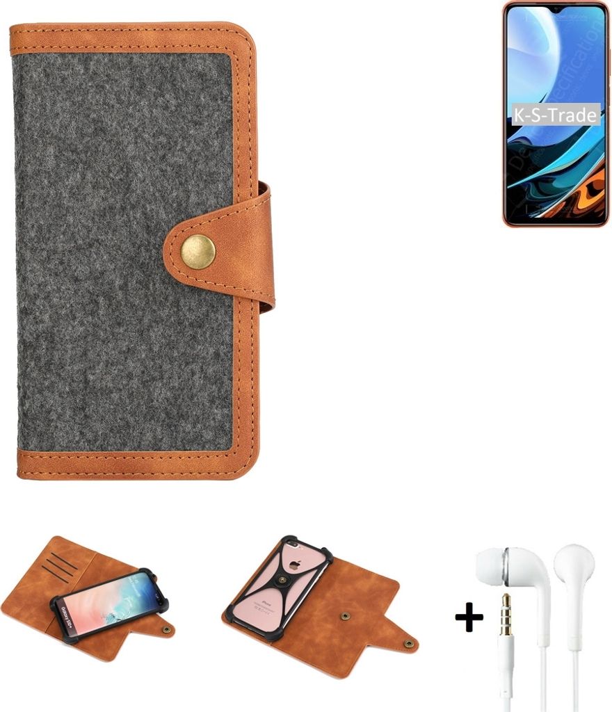 K-S-Trade Handyhülle + Kopfhörer kompatibel mit Xiaomi Redmi 9T Schutzhülle Filzhülle Kunstleder dunkelgrau braun (1x)
