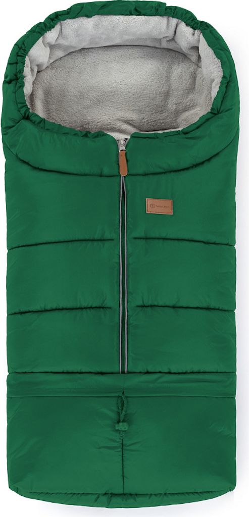 A green winter sleeping bag for a baby or toddler, shown from the front.