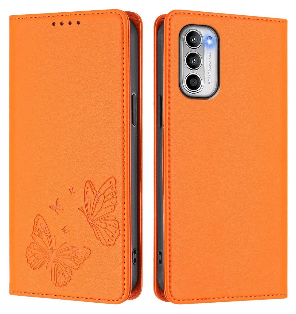 Lederhülle für Motorola Moto G 5G 2022, Schmetterling Prägung Leder Brieftasche Schutzhülle mit Ständer Orange