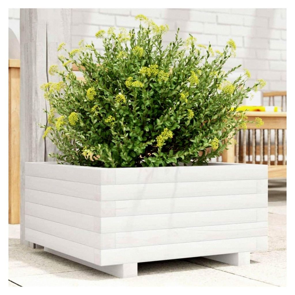 Blumenkasten, weiß, 50 x 50 x 26,5 cm, Kiefernholz, Hochbeet, für Garten, Pflanzgefäß, für Blumen, Sukkulenten, Terrasse, Balkon