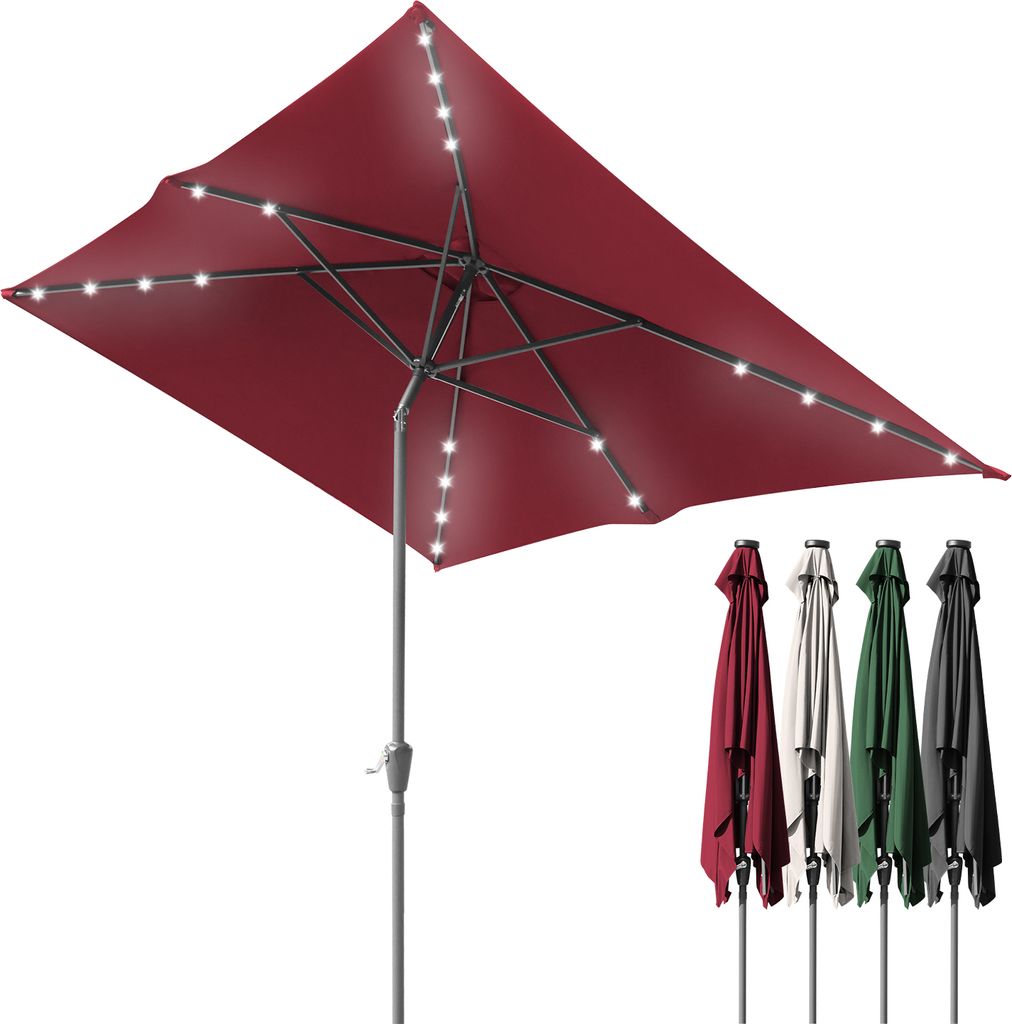 Bettizia Sonnenschirm Ø300x200cm mit LED, UV-Schutz, Kurbel - Rot, Ampelschirm beidseitig um 30° knickbar Rechteckig Balkonschirm