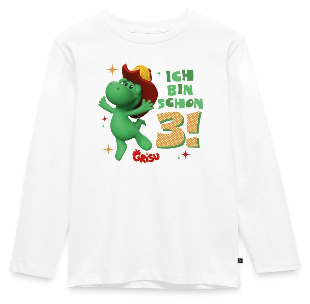 Spreadshirt Grisu Der Kleine Drache Geburtstagsdesign 3 Jahre Kinder Premium Langarmshirt, 110/116 (4 Jahre), Weiß
