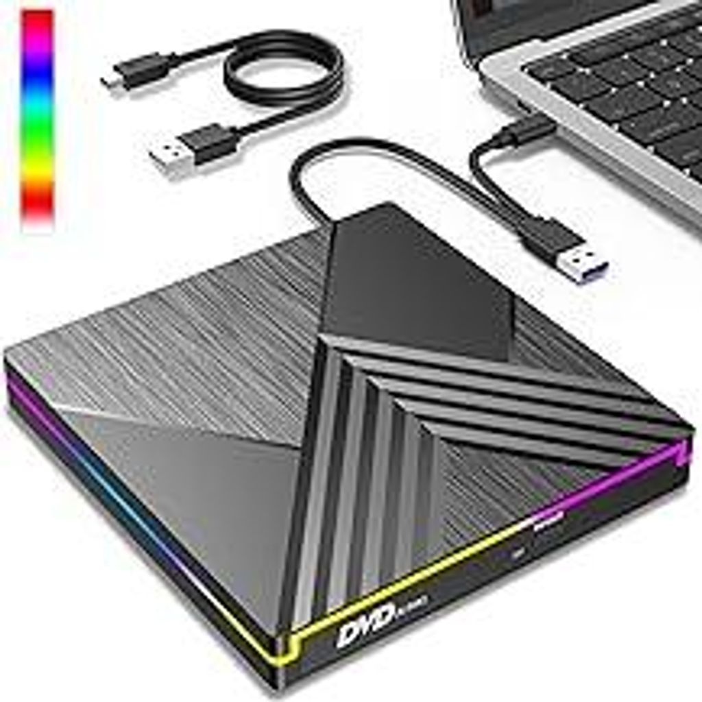 Externes DVD Laufwerk, RGB CD Laufwerk Extern USB 3.0 Type-C, Externer CD DVD+/-RW Brenner Player, Externe Optische Laufwerke Drive für PC Laptop ...