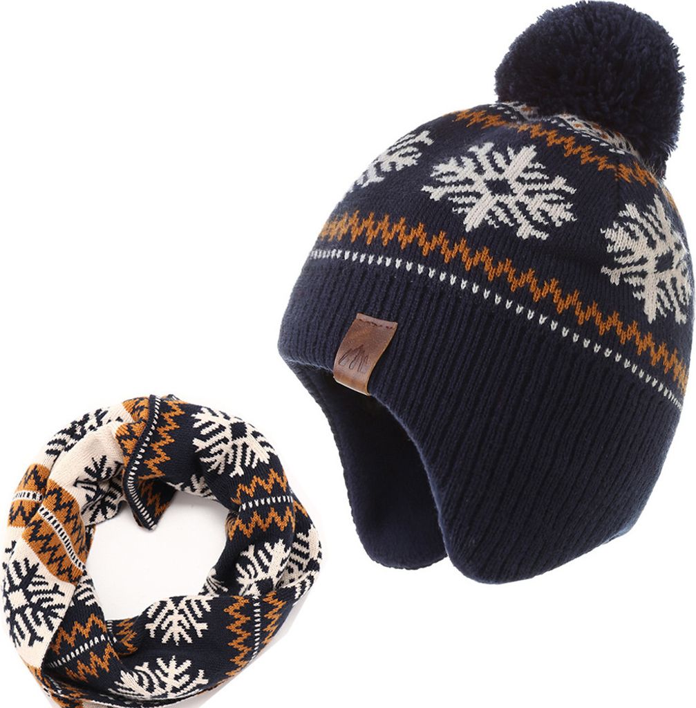 Warme Herbst- und Wintermodelle Kindermütze winddicht gepolstert verdickte Kopfmütze gestrickt kalt Herbst und Winter (marineblau, beige)