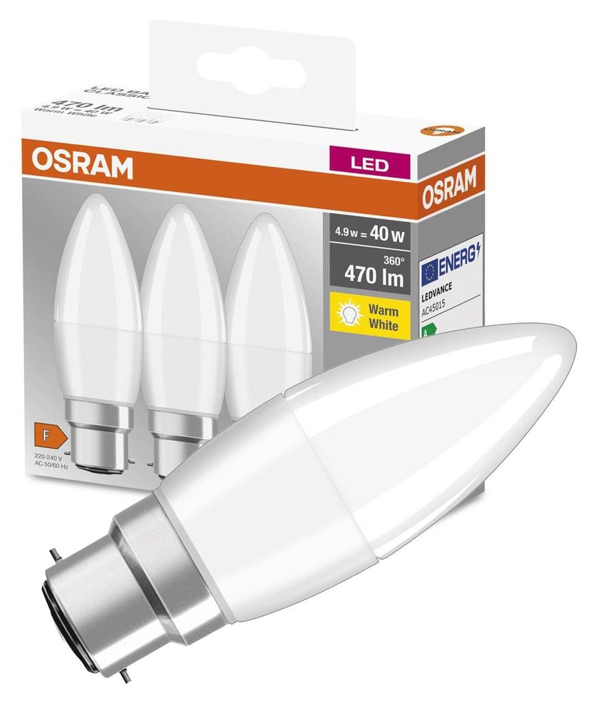 A package of three Osram LED candle light bulbs is shown, with one bulb prominently displayed in the foreground.