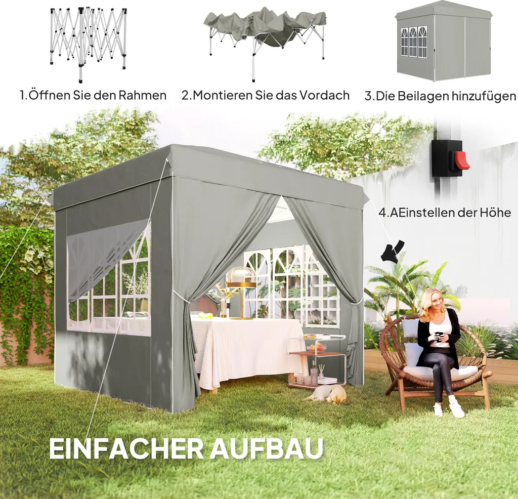 Fortuna Lai Gazebo 2,5x2,5 m, idrorepellente, stabile, resistente alle intemperie, gazebo pieghevole pop-up, protezione UV 50+, tenda da giardino pieghevole con 4 pannelli laterali, borsa, gazebo da giardino per campeggio, grigio chiaro - 4