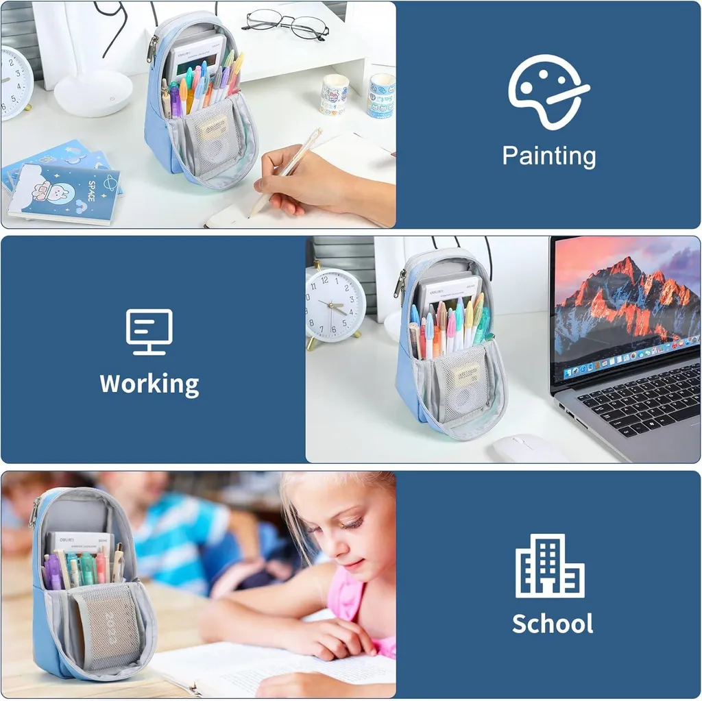 Trousse scolaire robuste bleue : fini les stylos perdus et les taches