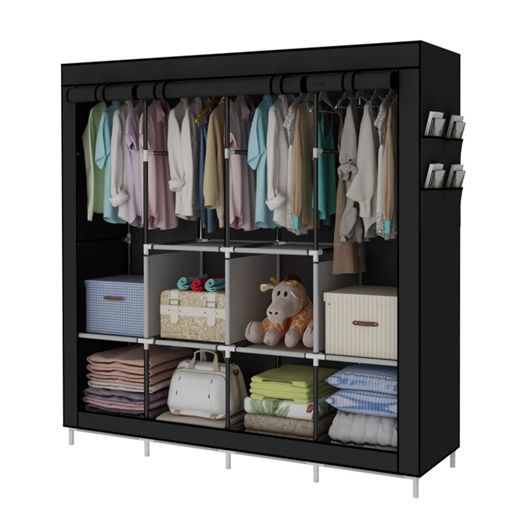 Stoffschrank Faltschrank Kleiderschrank aus Stoff 170x170x45 cm mit Kleiderstangen und Ablagen Schrank mit Reißverschluss Faltbar Schwarz