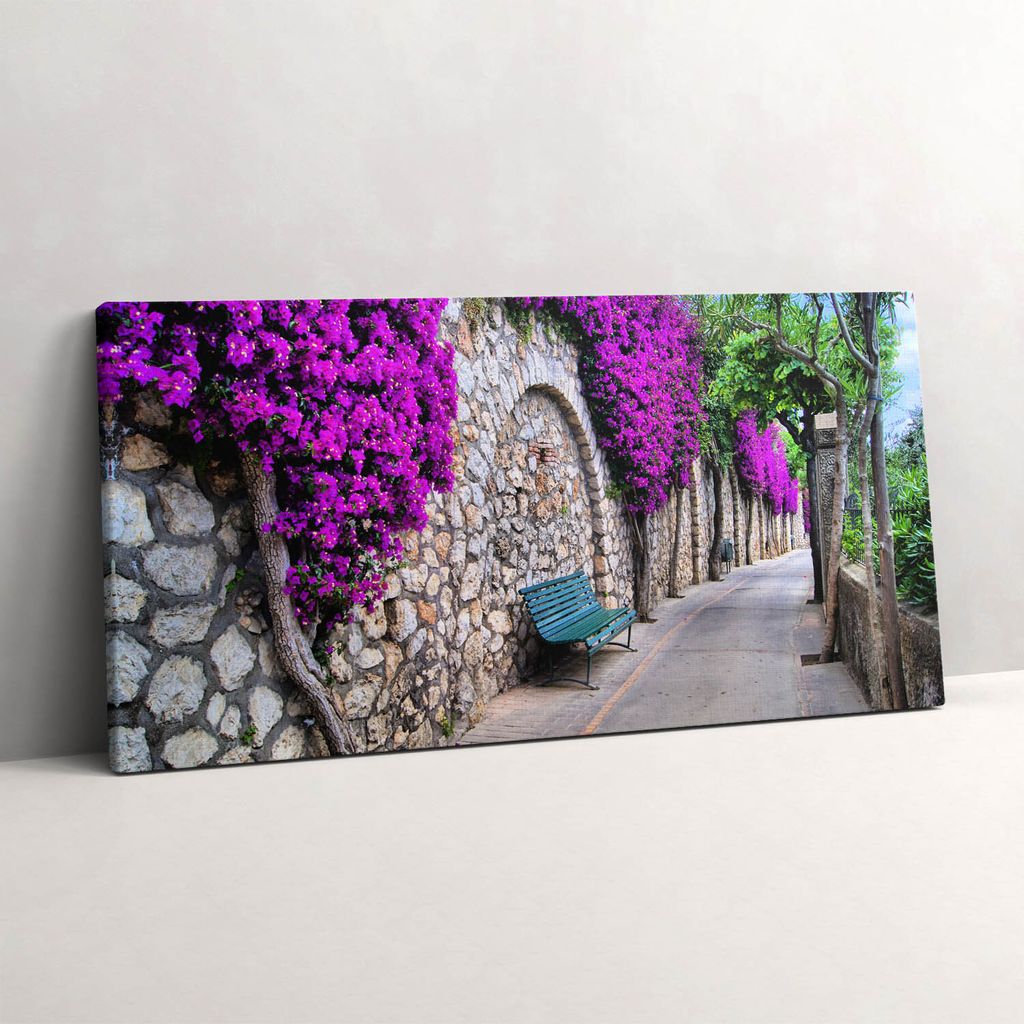 Straße mit Blumen in Capri, Italien – Leinwandbild Wandbild – 120x60 cm – Leinwandbilder – Wandbilder – Schlafzimmer – Flur