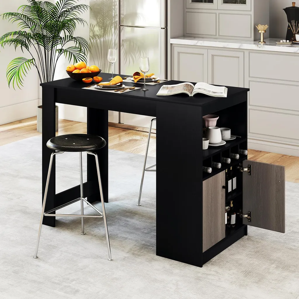 Tavolo Da Bar COSTWAY Con Luci LED RGB E Stazione Di Ricarica – 110x40x92 Cm, Marrone E Nero