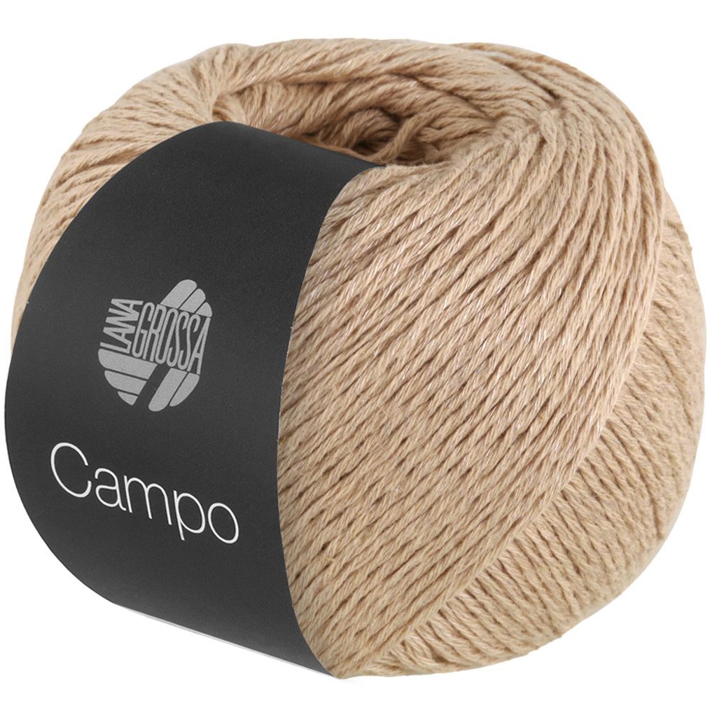 A ball of beige yarn with a black label.