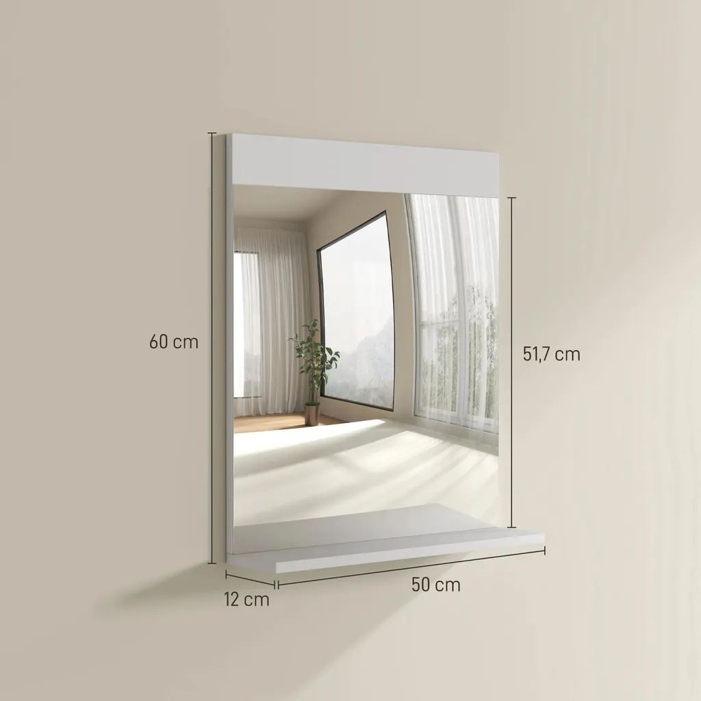 Miroir mural rectangulaire avec étagère 50x12x60 cm blanc style moderne