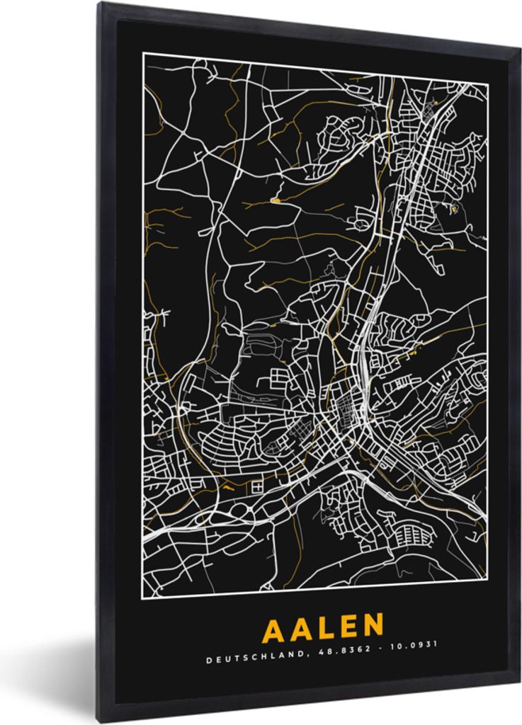 MuchoWow Gerahmtes Poster Stadtplan - Deutschland - Gold - Aalen - Karte 40x60 cm - Poster mit Schwarzem Bilderrahmen Wandposter Rahmen Foto Bild...