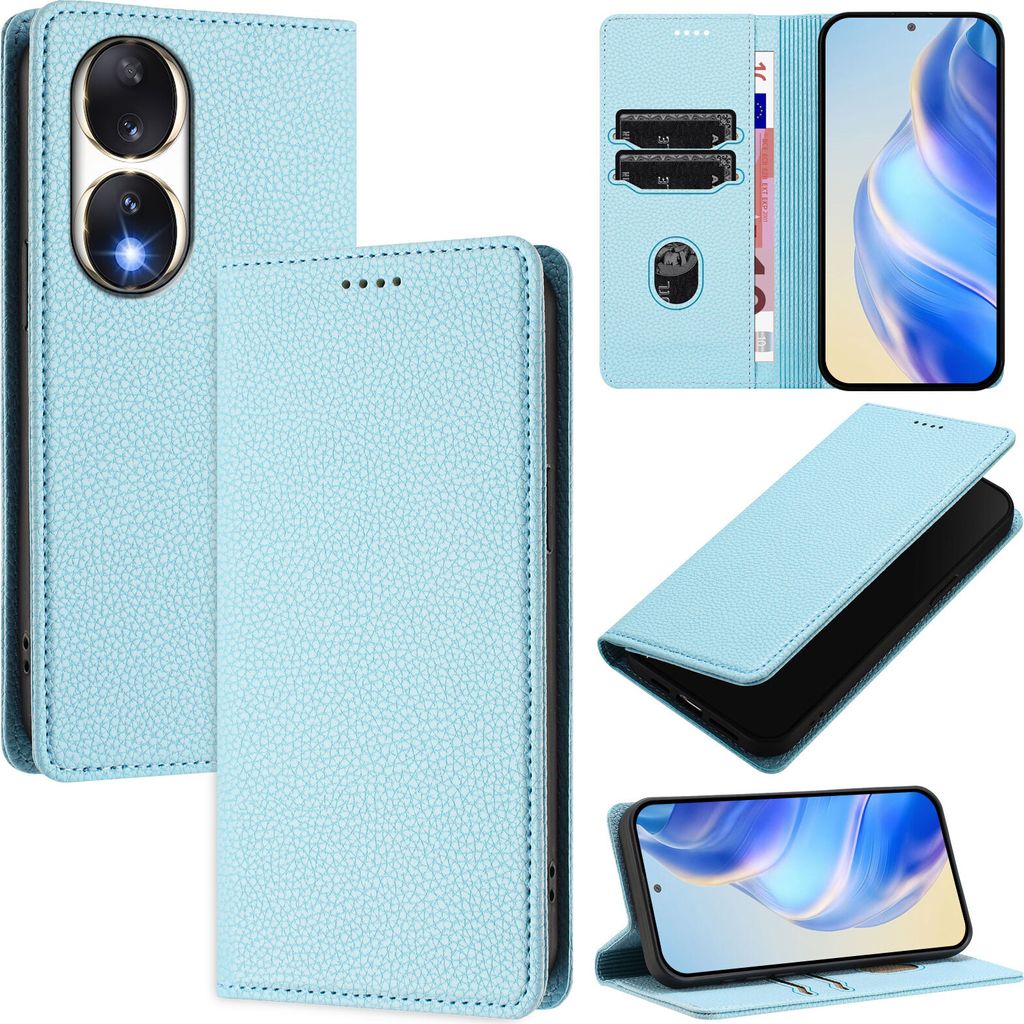 Litchi Leder Handyhülle für Honor 90 Wallet Kartenfächer Standfunktion Hülle Hellblau