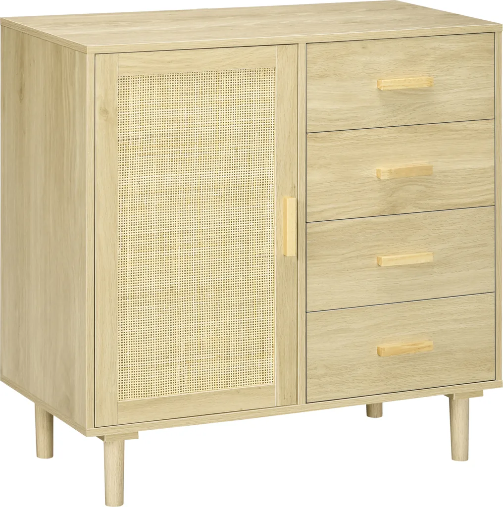 Petit buffet cannage 80cm effet bois naturel avec placards et tiroirs