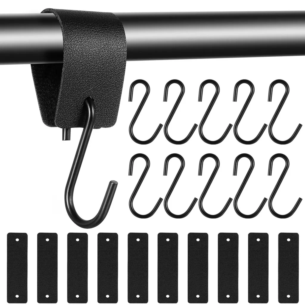 10 Crochets en S métalliques avec attache en cuir noir anti-rayures 8cm