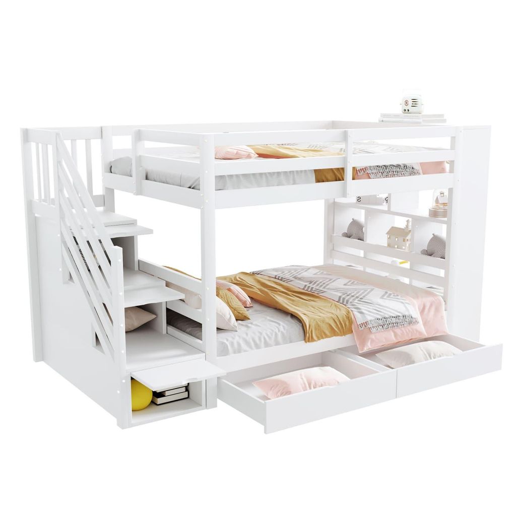 Etagenbett,Sicherheitstreppe mit Staufächern,Stauraumschubladen und großen Schließfächern,hohe Zaunkonstruktion,Lattenrost,Kiefernbett, Kinderbett