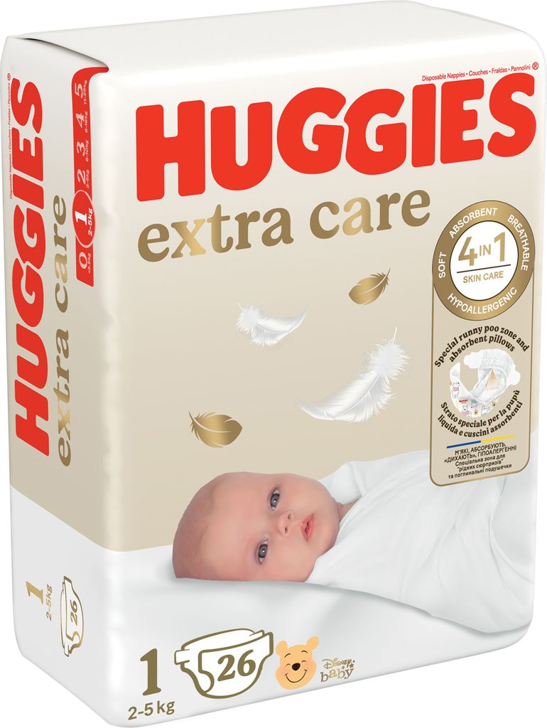 A package of Huggies Extra Care diapers with a baby's face visible.