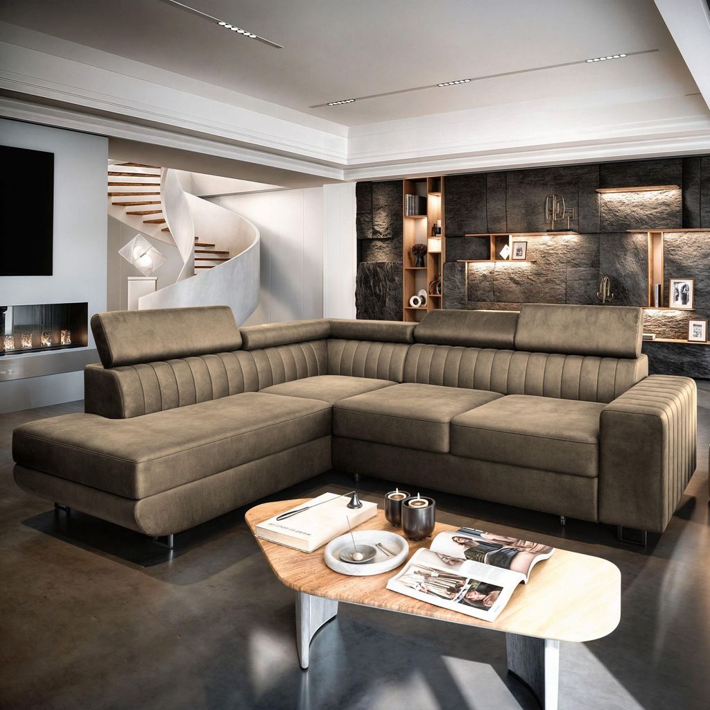 A modern living room with a large sectional sofa, a spiral staircase, and a fireplace.