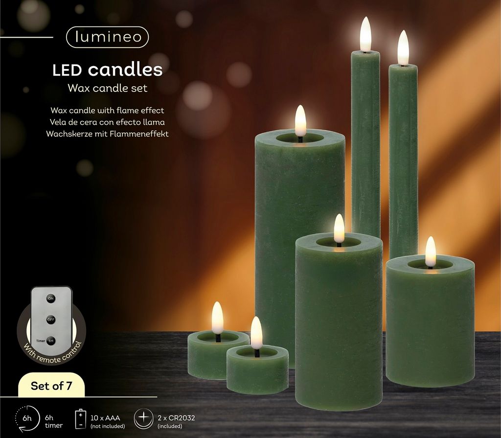 Lumineo LED Wachskerzen 7er-Set Grün, batteriebetrieben