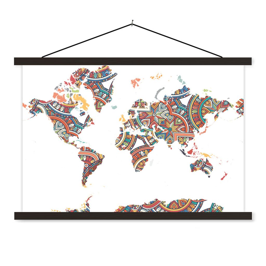 MuchoWow Textilposter Weltkarte - Dekoration - Farben 150x100 cm mit schwarzem Rahmen - Schlafzimmer