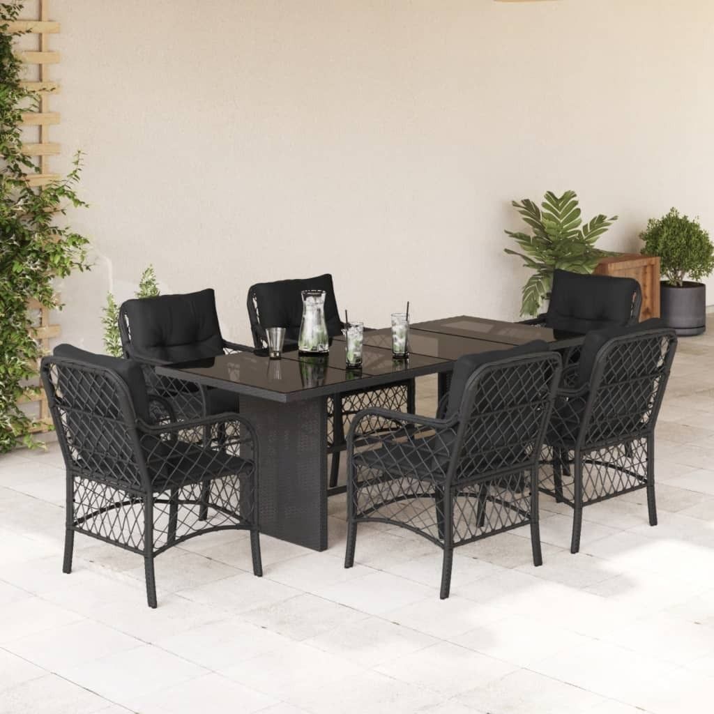 7-tlg. Garten-Essgruppe mit Kissen Schwarz Poly Rattan - Gartenmöbelset 3212056