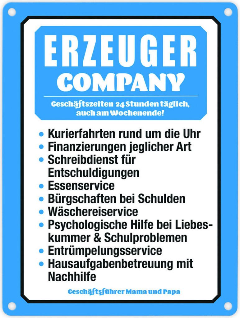 Erzeuger Company Metallschild in 15x20 cm in blau für Eltern