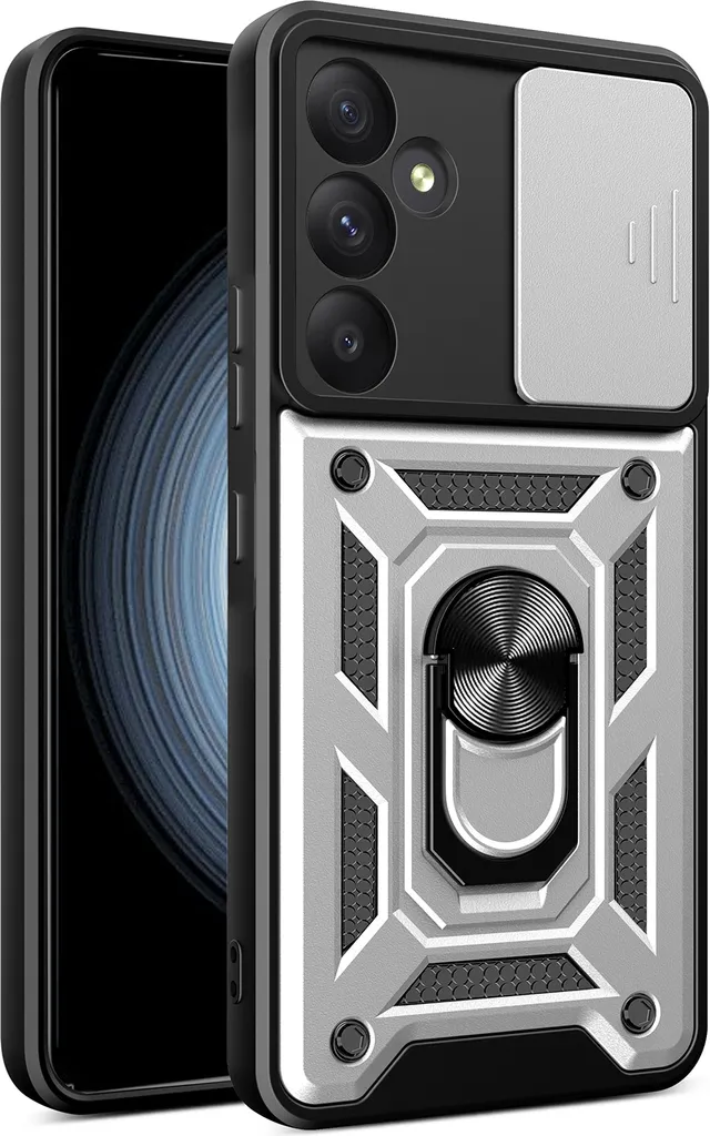Custodia per Samsung Galaxy A55 5G con anello supporto supporto slitta fotocamera protezione TPU PC Hybrid Custodia per cellulare argento