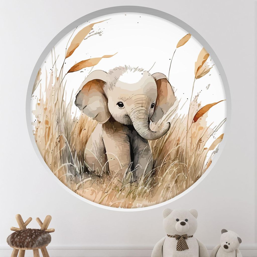 Trompe-l'œil-Aufkleber Runde Bogen Kinder - Lumaléa - Elefant - Durchmesser 130 cm