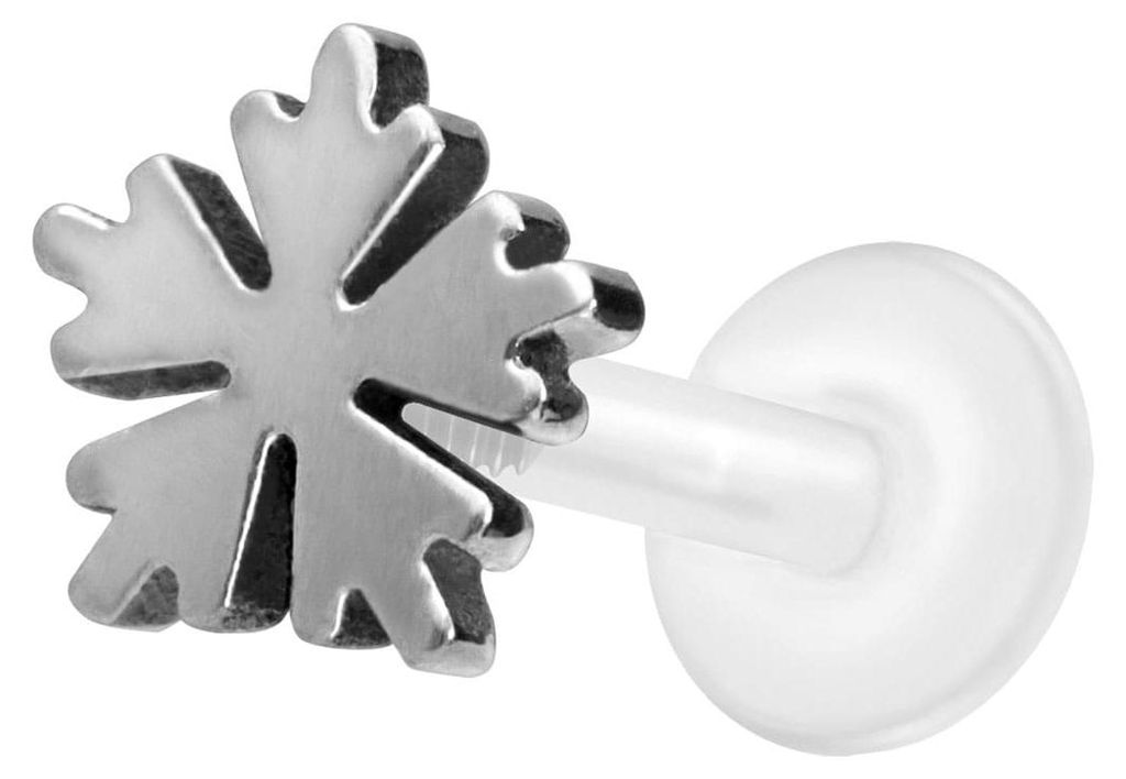 Ohrpiercing, Nasenpiercing PTFE Labret mit Innengewinde + Titan-Aufsatz SCHNEEFLOCKE Silber Stablänge: 10mm | Stabstärke: 1,2mm