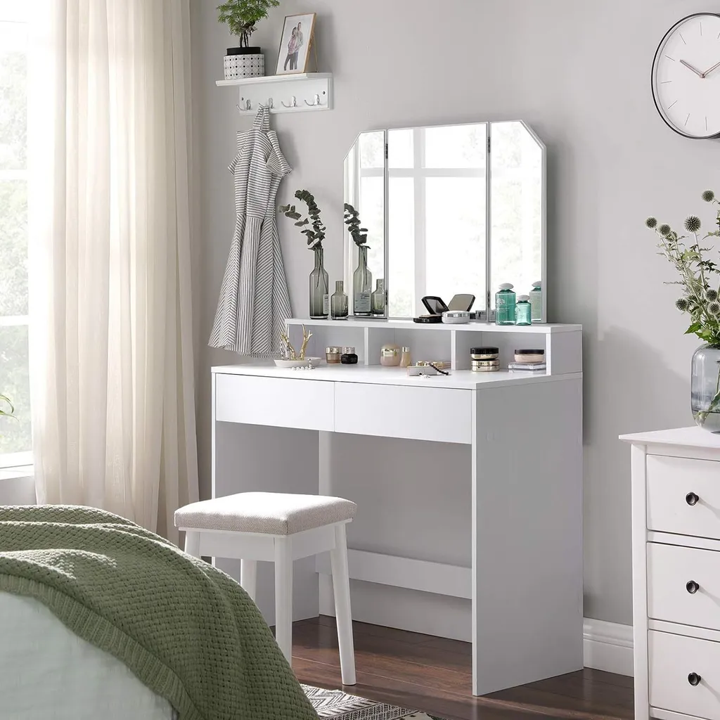 VASAGLE Coiffeuse avec Miroir Rabattable et 2 Tiroirs Blanche RDT121W - 5