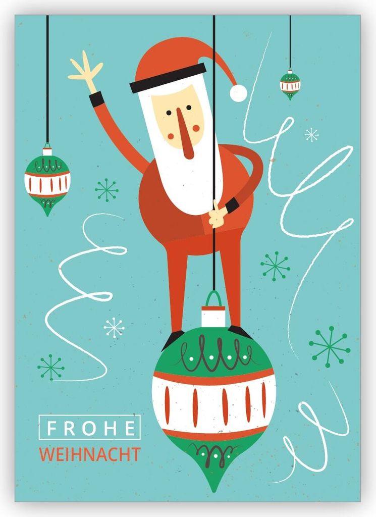 4x Hübsche Retro Weihnachtskarte mit Santa auf Weihnachtskugel auf hellblau: Frohe Weihnacht