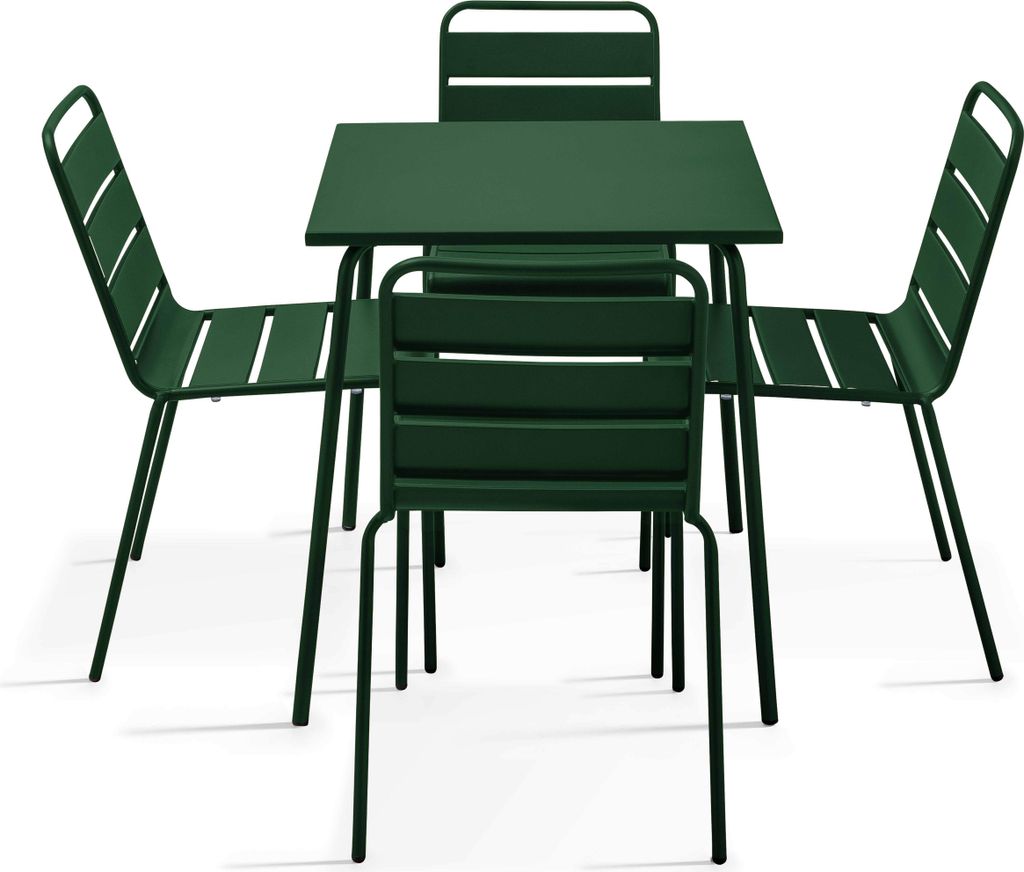Set aus Gartentisch (70 cm) und 4 Metallstühlen Waldgrün - Oviala Palavas