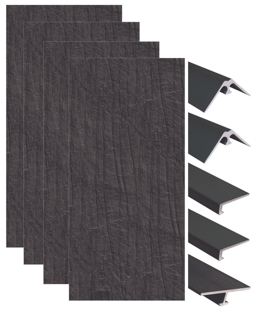 ONDEE ZEN-Montageset für 4 Wandpaneele in einer Nische – Schiefer 200 cm – schwarze Profile