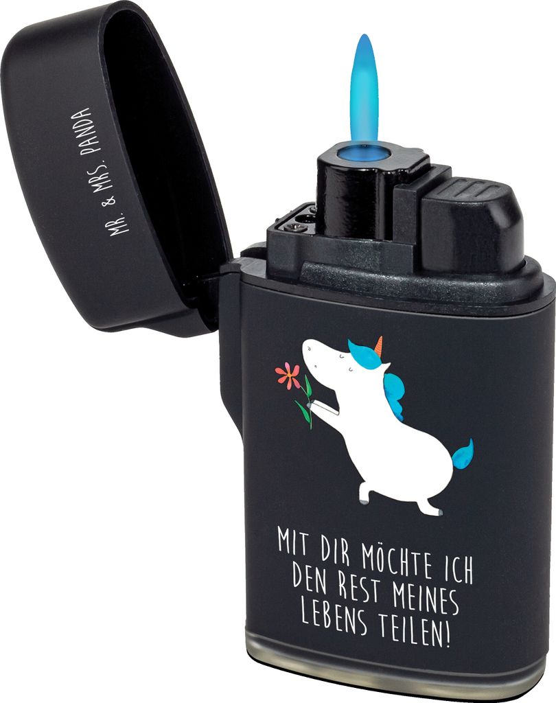 Mr. & Mrs. Panda Feuerzeug Einhorn Blume - Schwarz - Geschenk, Freundin, Feuerzeuge, Unicorn, Einhörner, Freund, zigarettenanzünder, Antrag, stur...