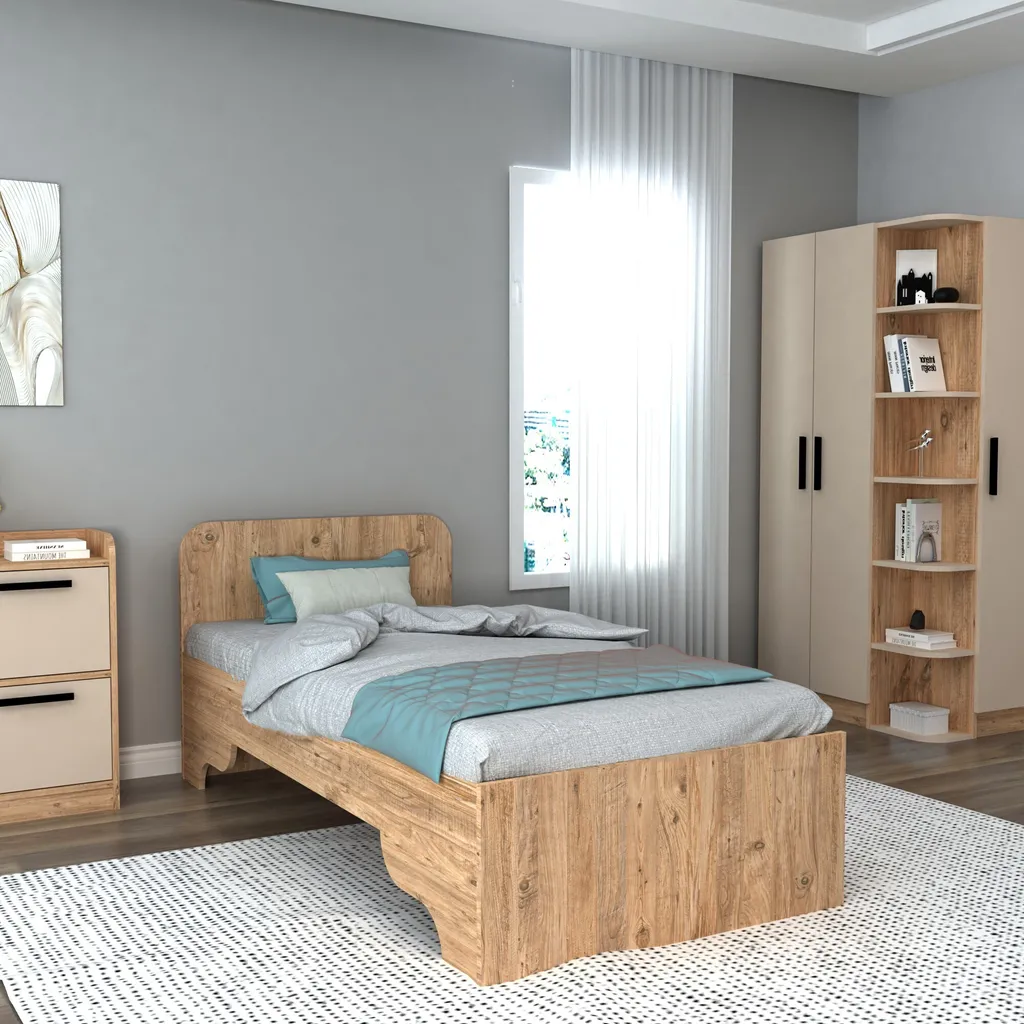 Lit simple en bois mélaminé Pin Atlantique - Sommier Luses Beige 194cm