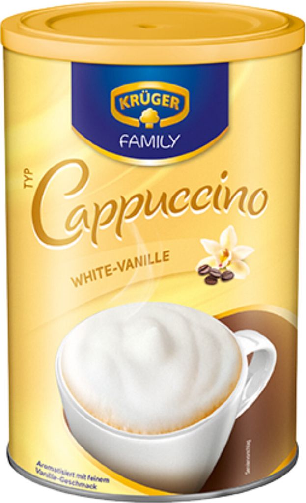 A can of Krüger Family Cappuccino White Vanilla.