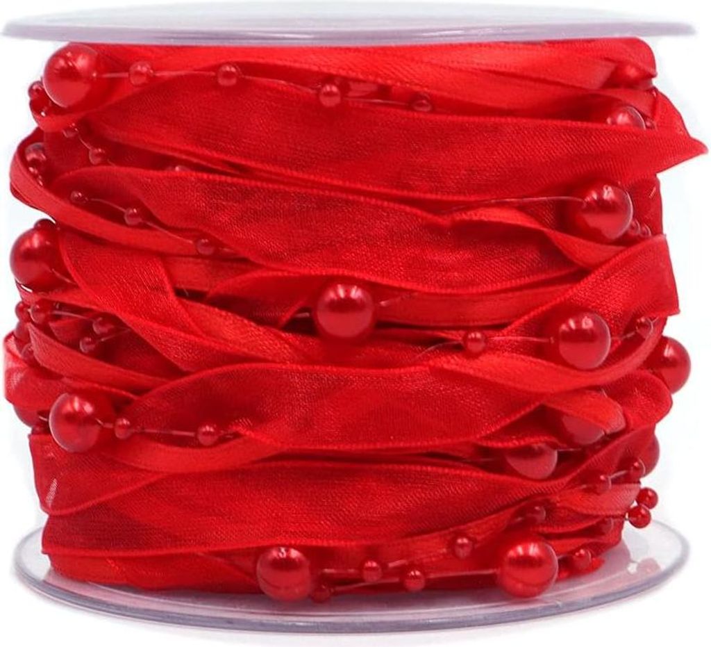 10M künstliche Perlenband Chiffonband und Organza Spitzenband - rot - Hochzeitsblumen Weihnachtsbaum Dekoration Nähen Handwerk Verpackung