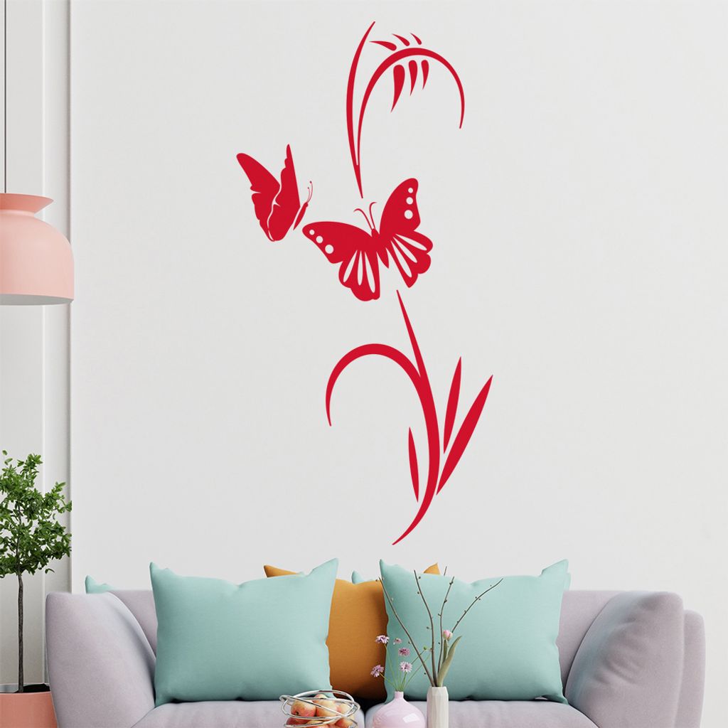 Schmetterlinge - Pflanze - Gräser Wandtattoo in 6 Größen - Wandaufkleber Wall Sticker - Dekoration, Küche, Wohnzimmer, Schlafzimmer, Badezimmer