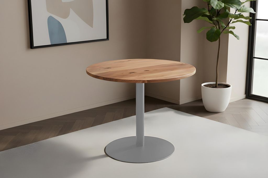 Bistrotisch massiv Akazie rund naturfarben 90 cm Säulengestell-rund silber EMILIO