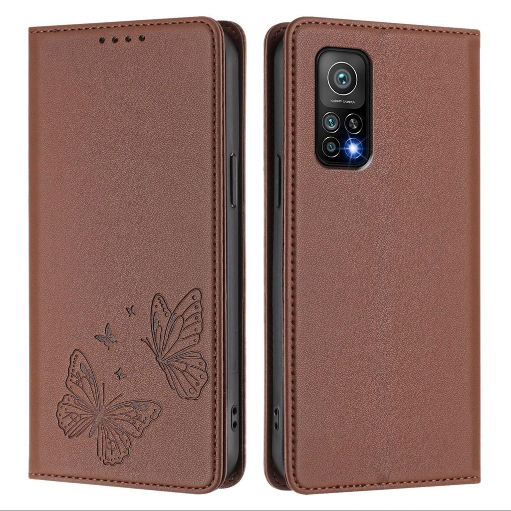 Lederhülle für Xiaomi Mi 10T / Mi 10T Pro, Schmetterling Prägung Leder Brieftasche Schutzhülle mit Ständer Braun