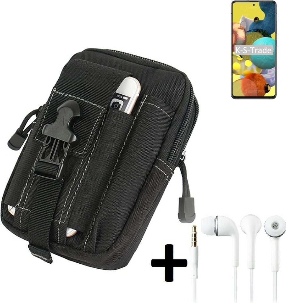 K-S-Trade Gürteltache + Kopfhörer kompatibel mit Samsung Galaxy A51 5G Gürtel Tasche Holster Schutz Hülle Handy Hülle schwarz inkl. Extrafächer