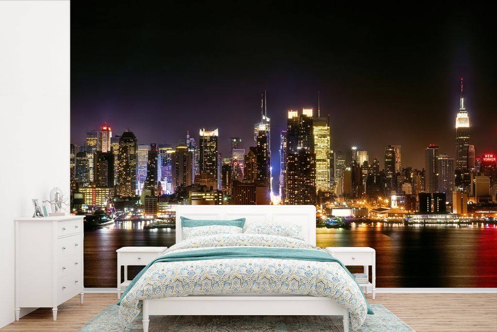 MuchoWow Fototapete für Wohnzimmer oder Schlafzimmer Wandtapete Vinyl Motivtapete New York - Skyline - Farben - 420x280 cm - Zimmer für Kinder
