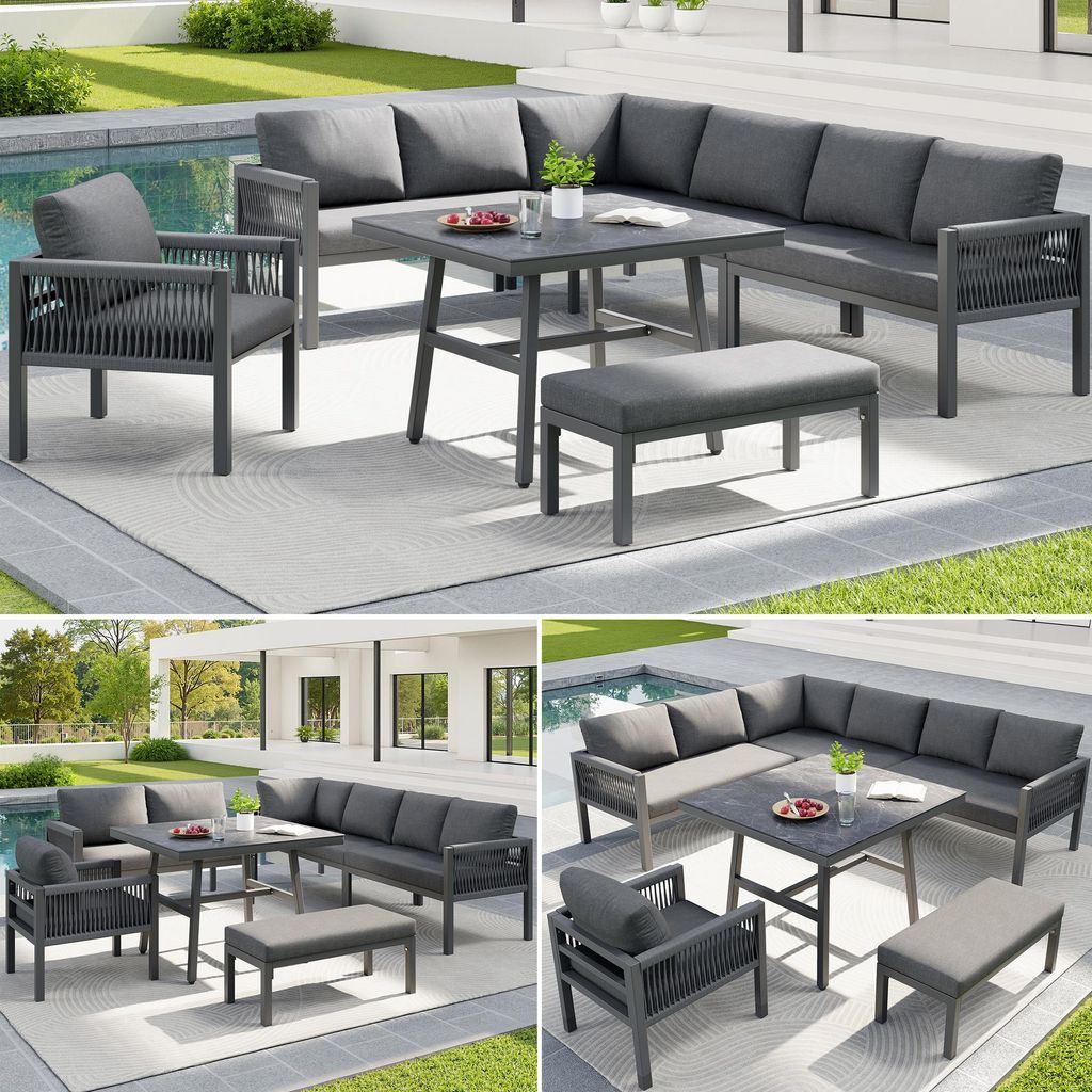 Handgeflochtenes L-Form Garten-Sofa für bis zu 8 Personen / Robuster Eisengestell mit grauen Polstern / Inkl. 1 Tisch mit Marmor-Glasplatte