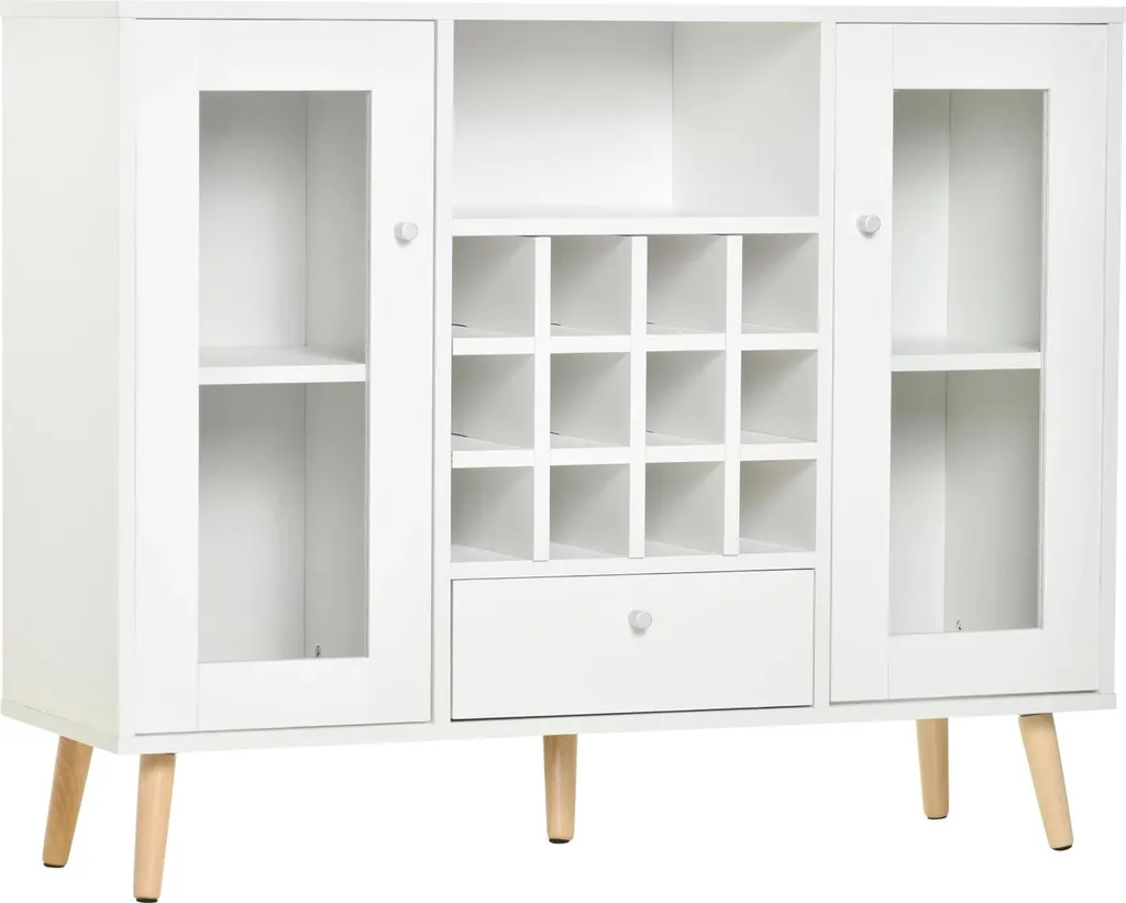 Bahut de cuisine moderne blanc avec vitrine et rangement pour bouteilles