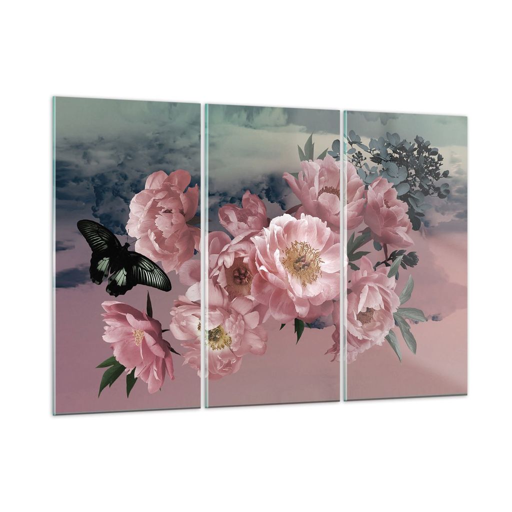Bilder auf glas - 3 Teile - Blumen Schmetterling Wolken - 105x70cm - Glasbilder - Wandbilder - Bilder - Wanddekoration aus Glas - Glas Bilder - Wan...