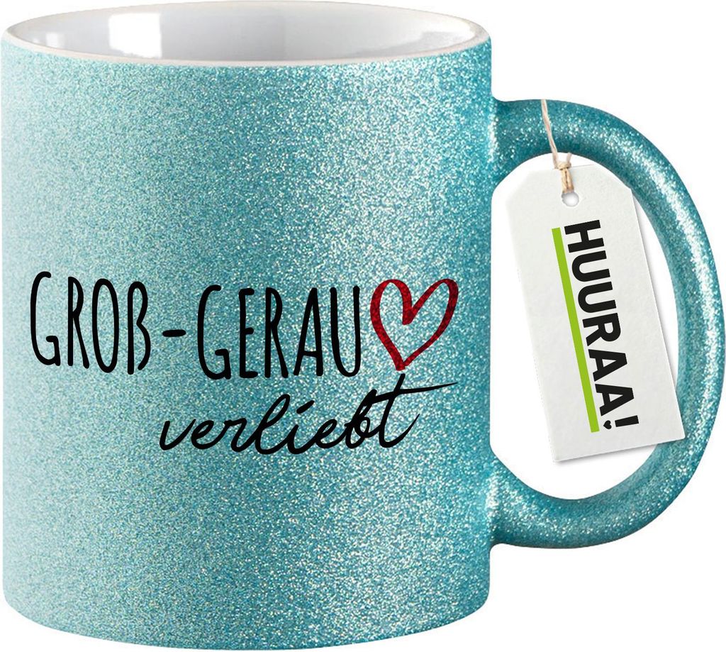 Huuraa Glitzertasse Groß-Gerau verliebt 330ml Blau Keramik Kaffeebecher Geschenkidee